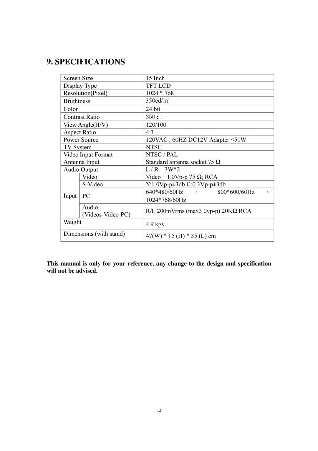 PYLE Audio P15LCD manual Specifications 