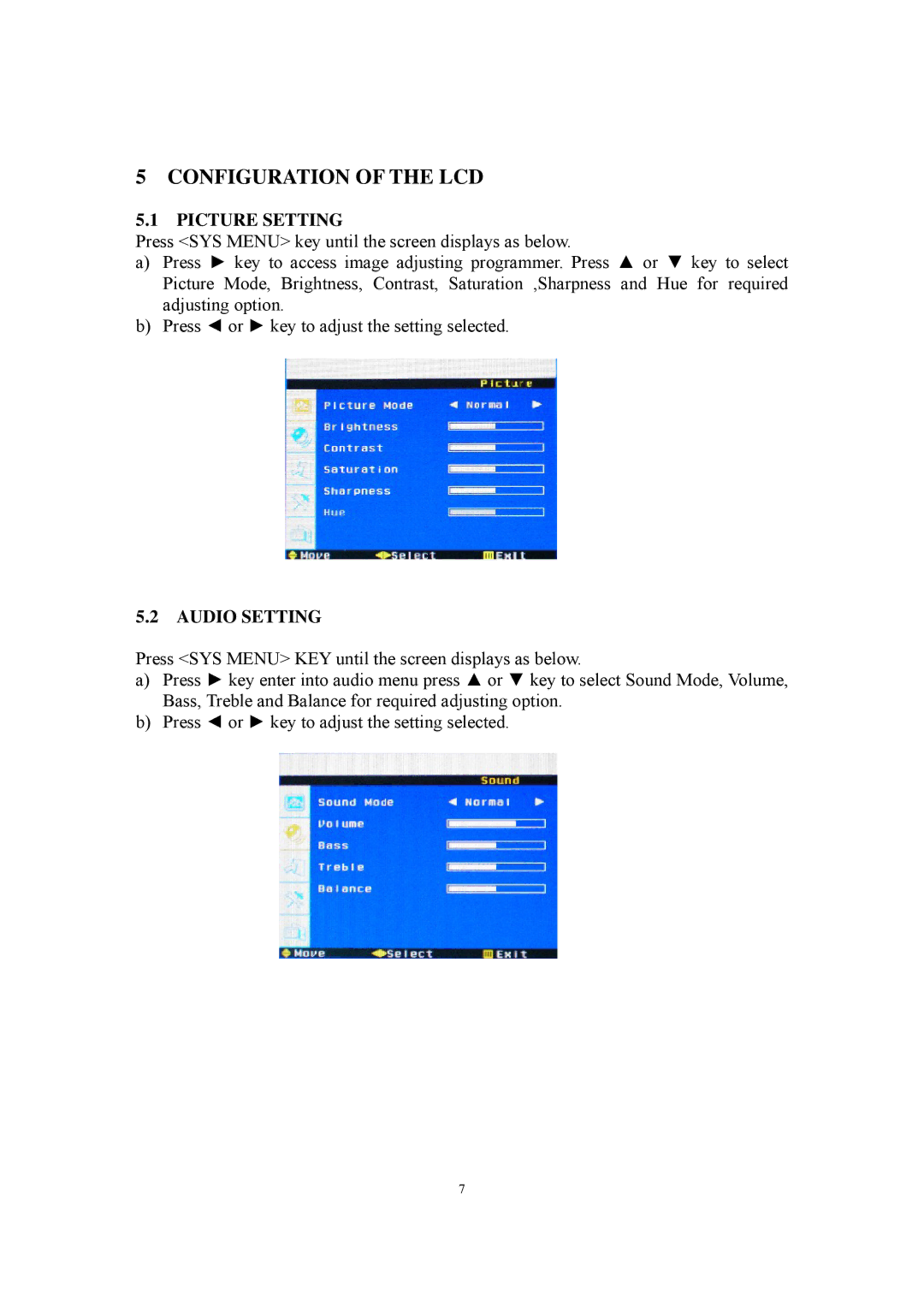 PYLE Audio P15LCD manual Configuration of the LCD, Picture Setting, Audio Setting 