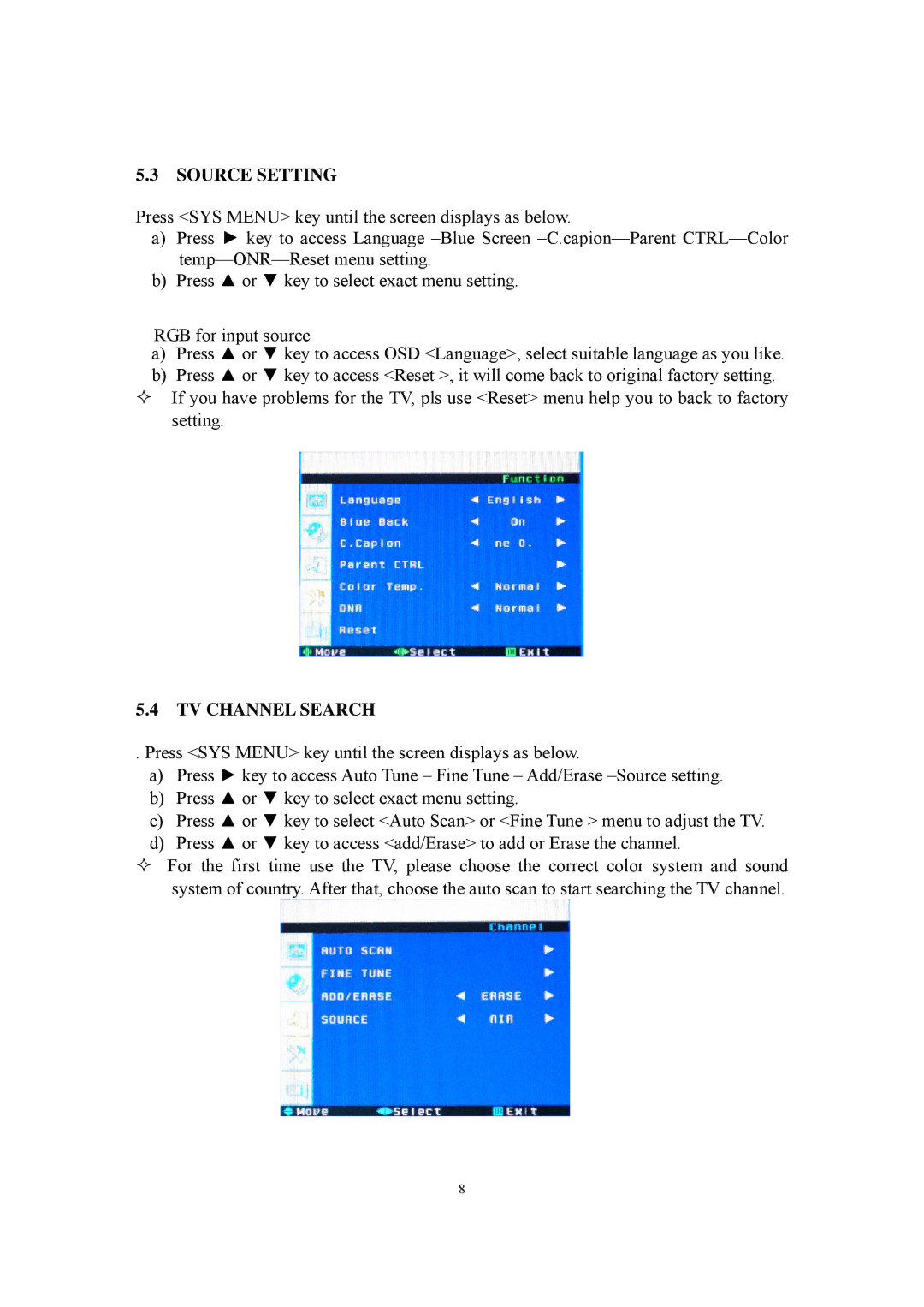 PYLE Audio P15LCD manual Source Setting, TV Channel Search 