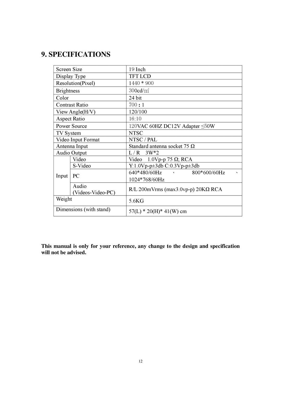 PYLE Audio P19LCD manual Specifications 