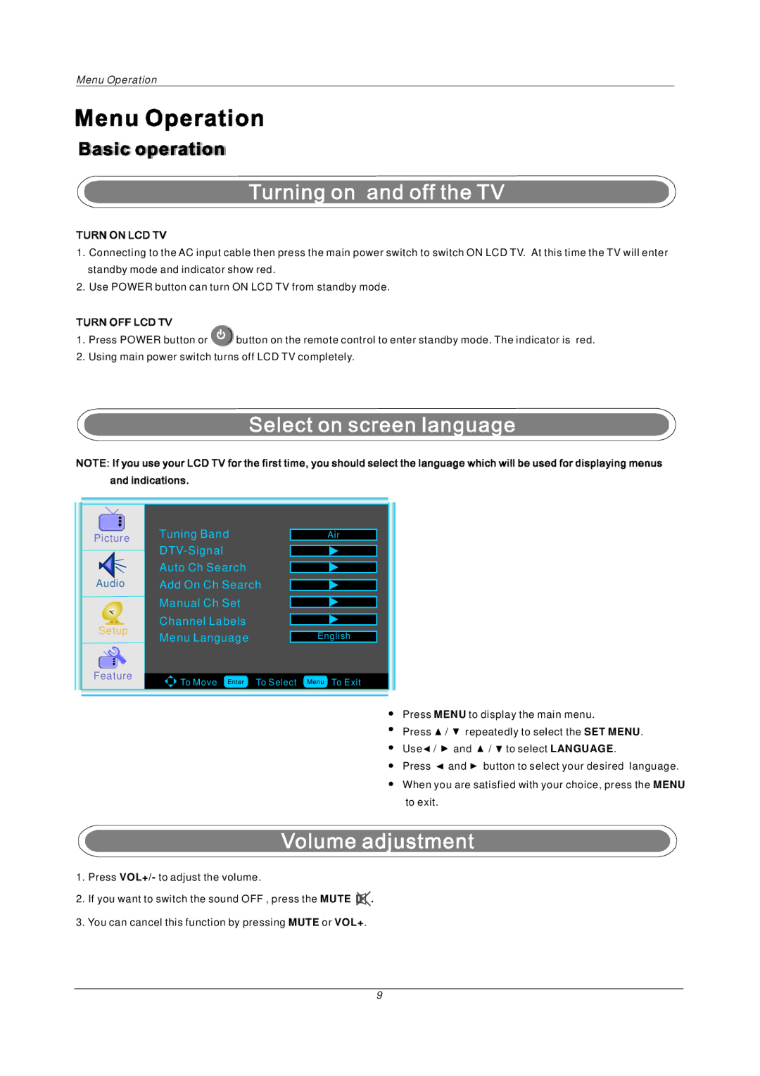 PYLE Audio P27LCDD Tuning Band, DTV-Signal Auto Ch Search, Add On Ch Search Manual Ch Set, Channel Labels Menu Language 