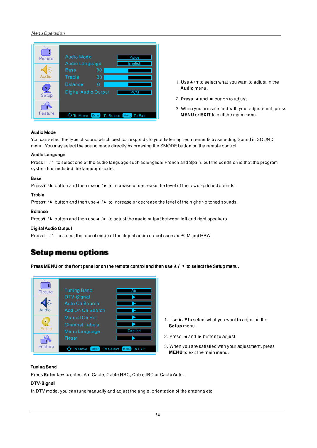 PYLE Audio P27LCDD manual Audio Mode, Audio Language, Bass, Treble Balance, Digital Audio Output, Reset 