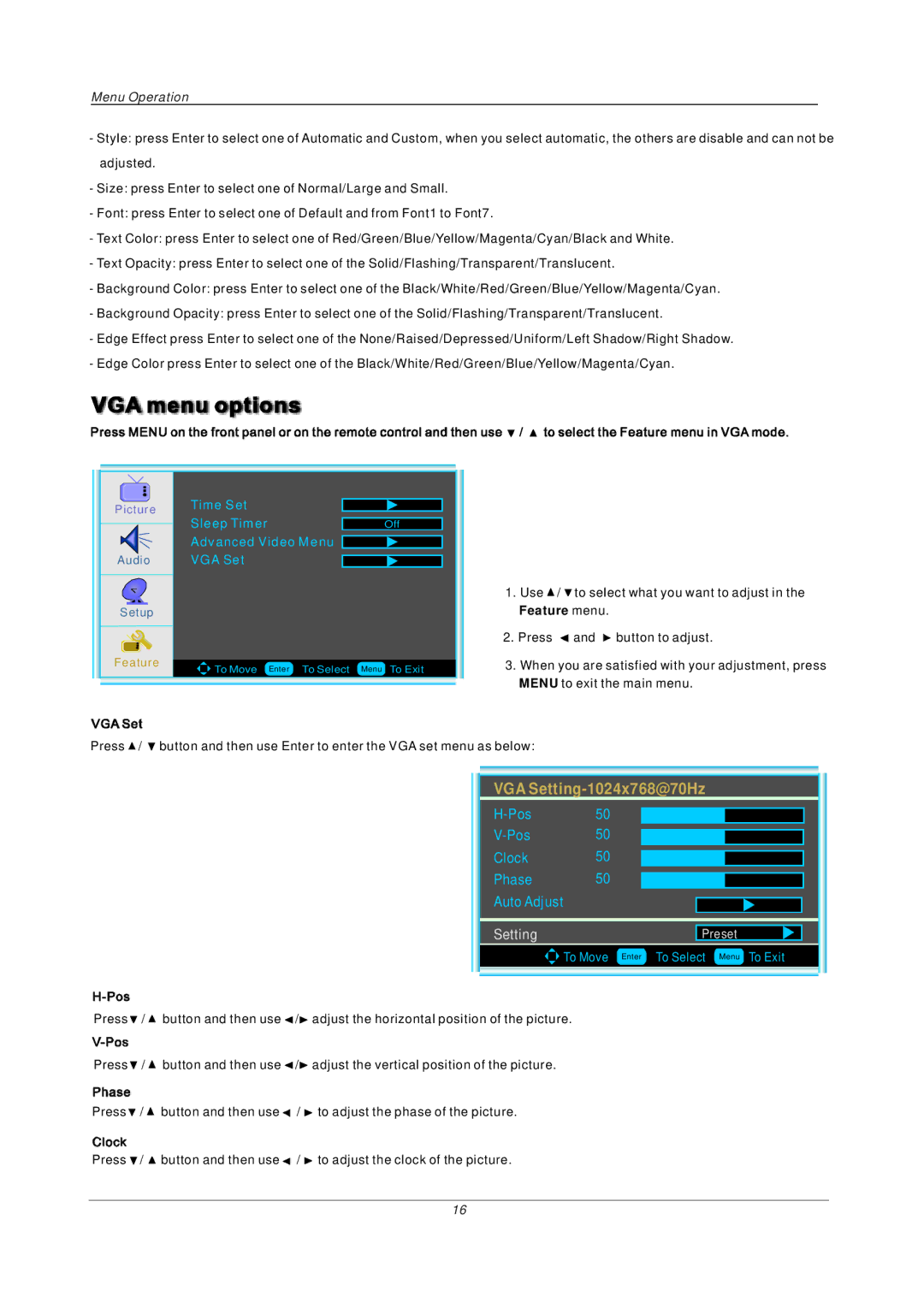 PYLE Audio P27LCDD manual Advanced Video Menu VGA Set, To Move Enter To Select Menu To Exit 