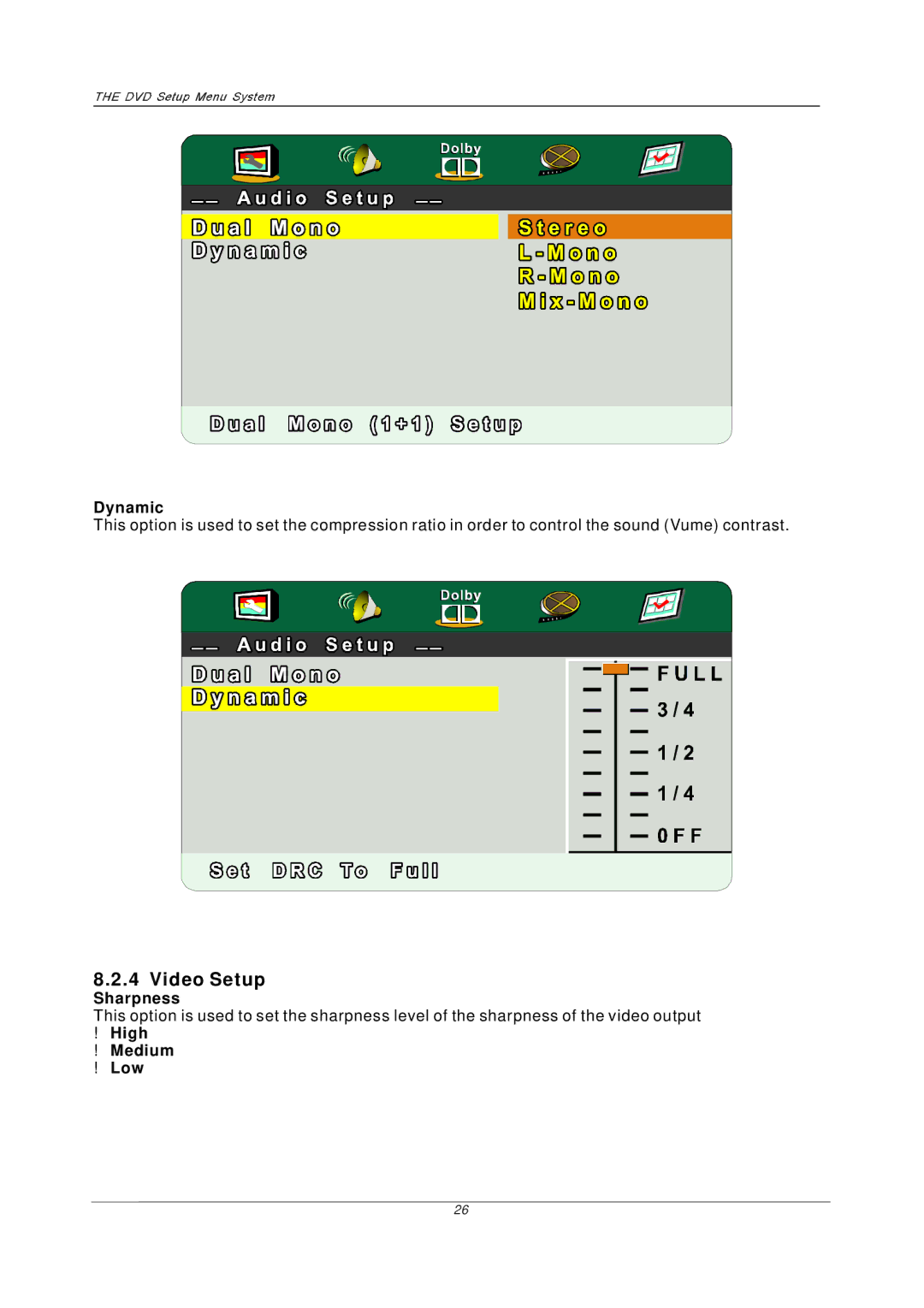 PYLE Audio P27LCDD manual Video Setup, Dynamic 