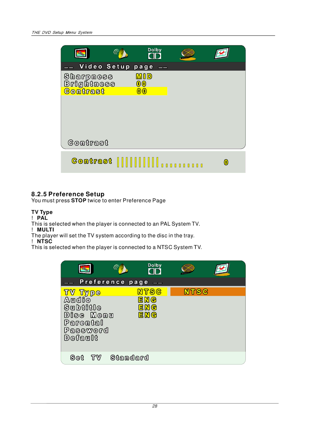 PYLE Audio P27LCDD manual Preference Setup, ·Ntsc 