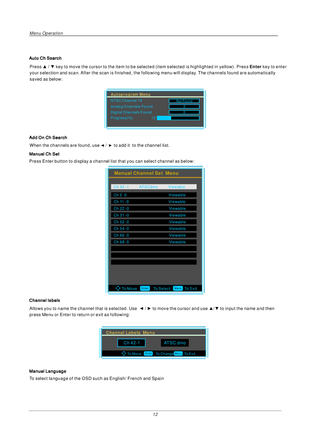 PYLE Audio P32LCD manual Manual Channel Set Menu, Atsc dmo 