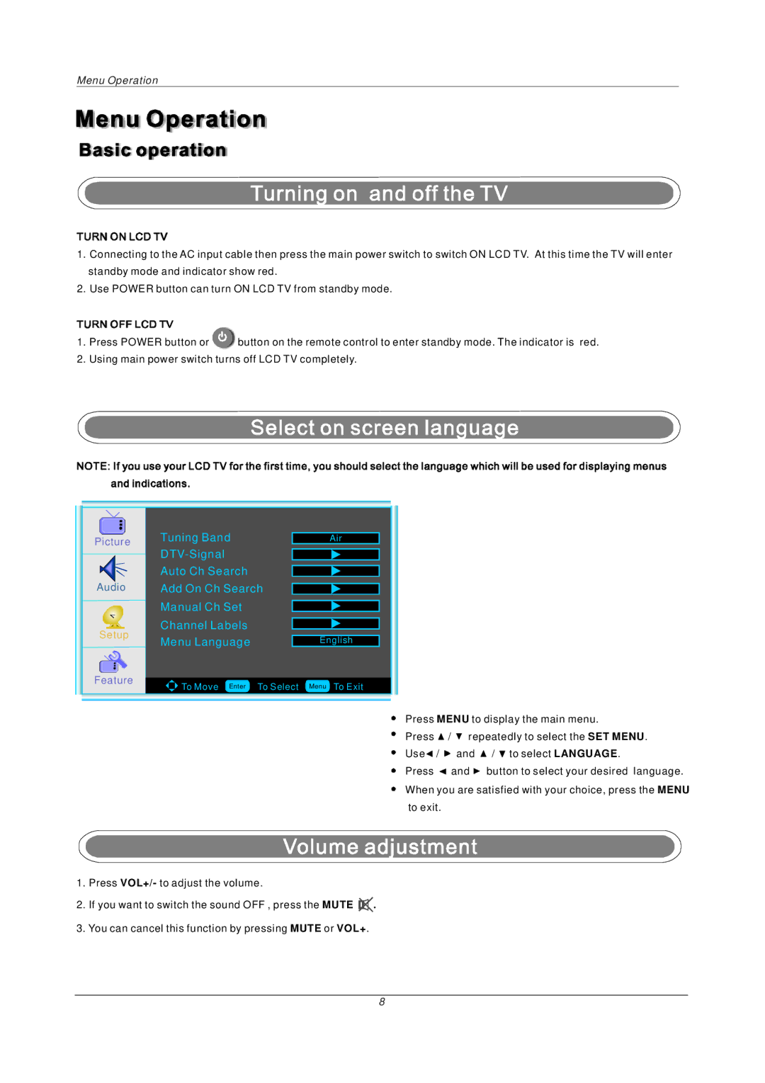 PYLE Audio P32LCD Tuning Band, DTV-Signal Auto Ch Search, Add On Ch Search Manual Ch Set, Channel Labels Menu Language 