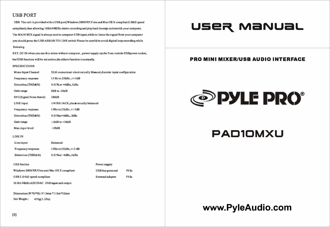 PYLE Audio PAD10MXU manual +20d B, usei=\. MaNUaL, PAC10MXU, Pro Mini Mixer/Usb Audio Interface, Usb Port, LINE Input 