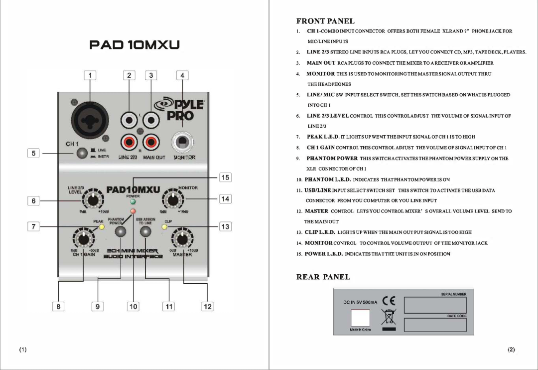 PYLE Audio PAD10MXU 10c1e, +---0!R, PAC10MXU, l . \-----1---114lI, ill+, PAD1wlo, L.IN213, l.-.J, Front Panel, Rear Panel 