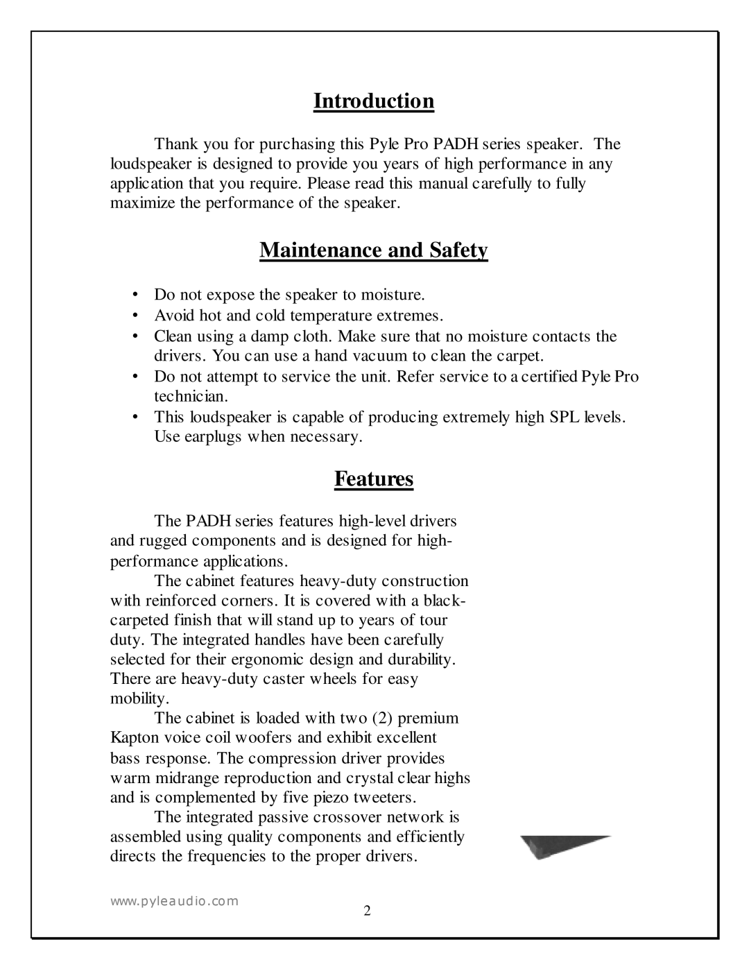 PYLE Audio PADH 152 manual Introduction, Maintenance and Safety, Features 