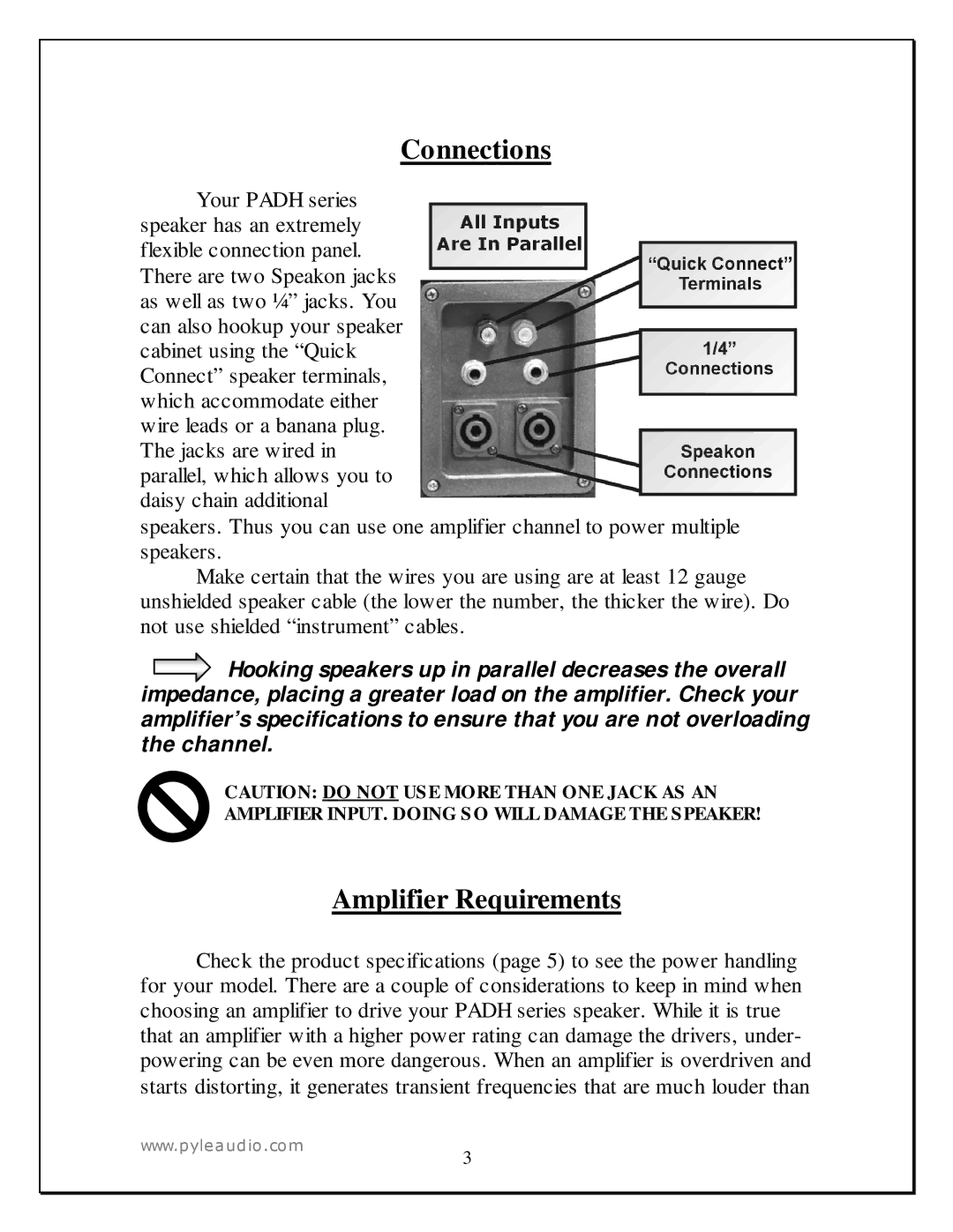 PYLE Audio PADH 152 manual Connections, Amplifier Requirements 