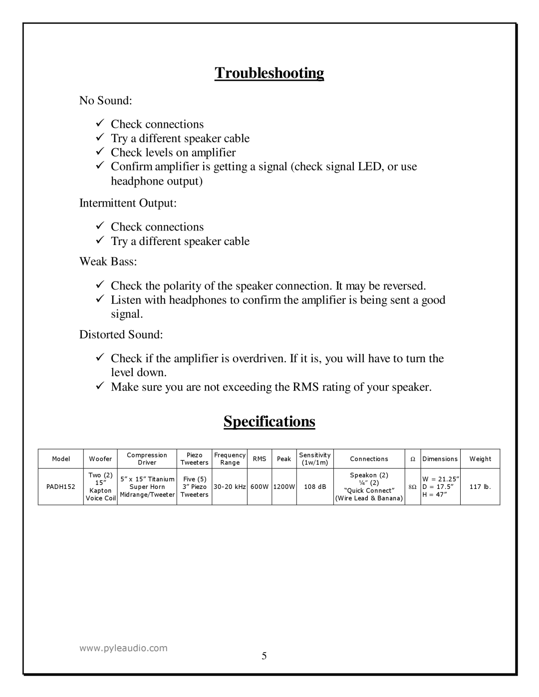 PYLE Audio PADH 152 manual Troubleshooting, Specifications 