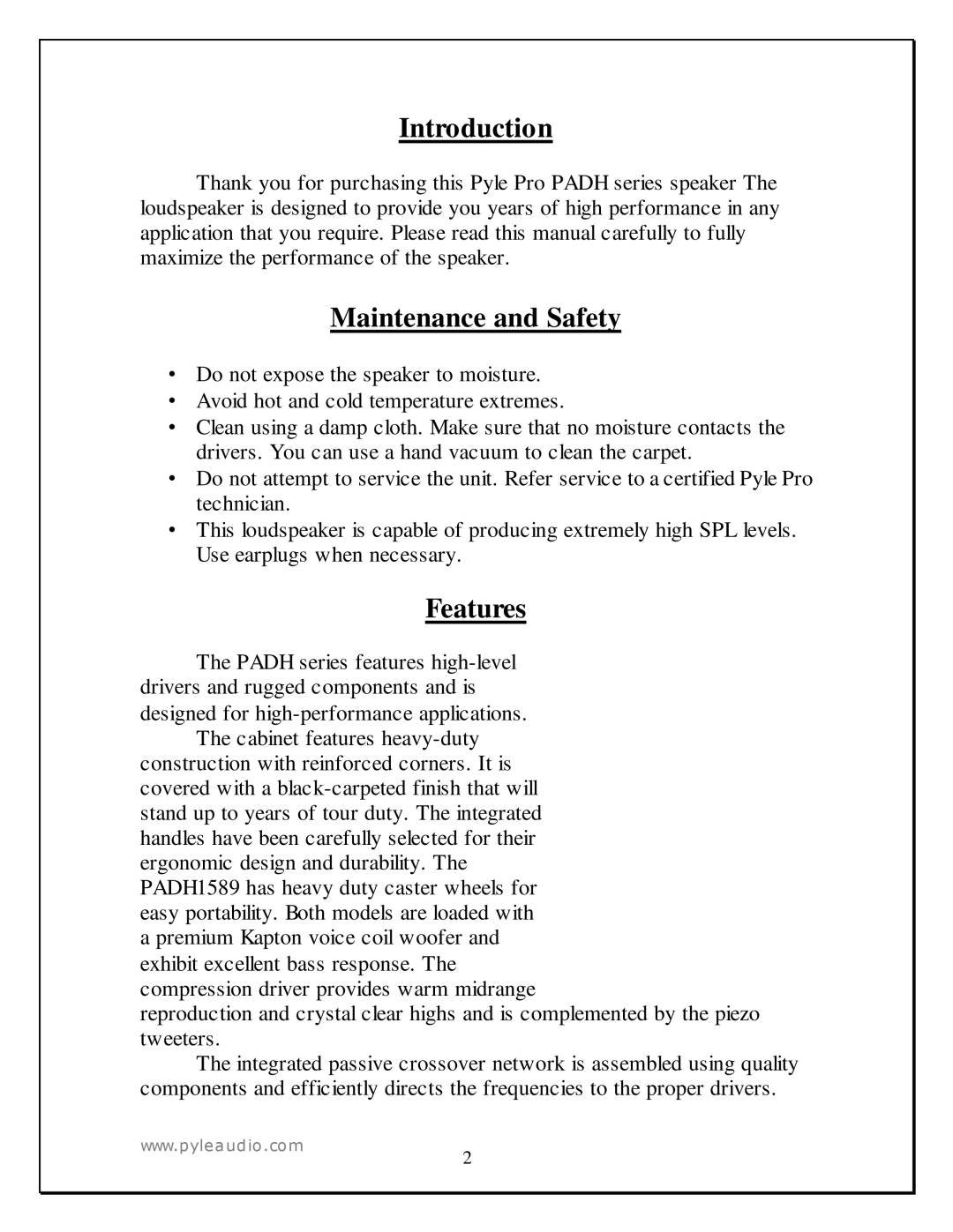 PYLE Audio PADH1589, PADH1289 manual Introduction, Maintenance and Safety, Features 