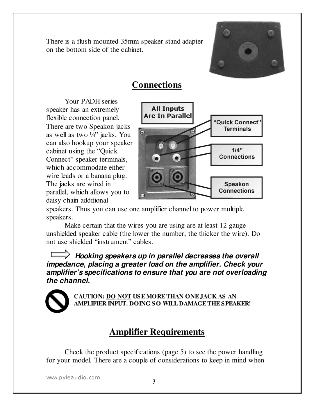 PYLE Audio PADH1289, PADH1589 manual Connections, Amplifier Requirements 