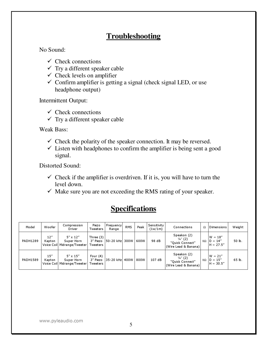 PYLE Audio PADH1289, PADH1589 manual Troubleshooting, Specifications 