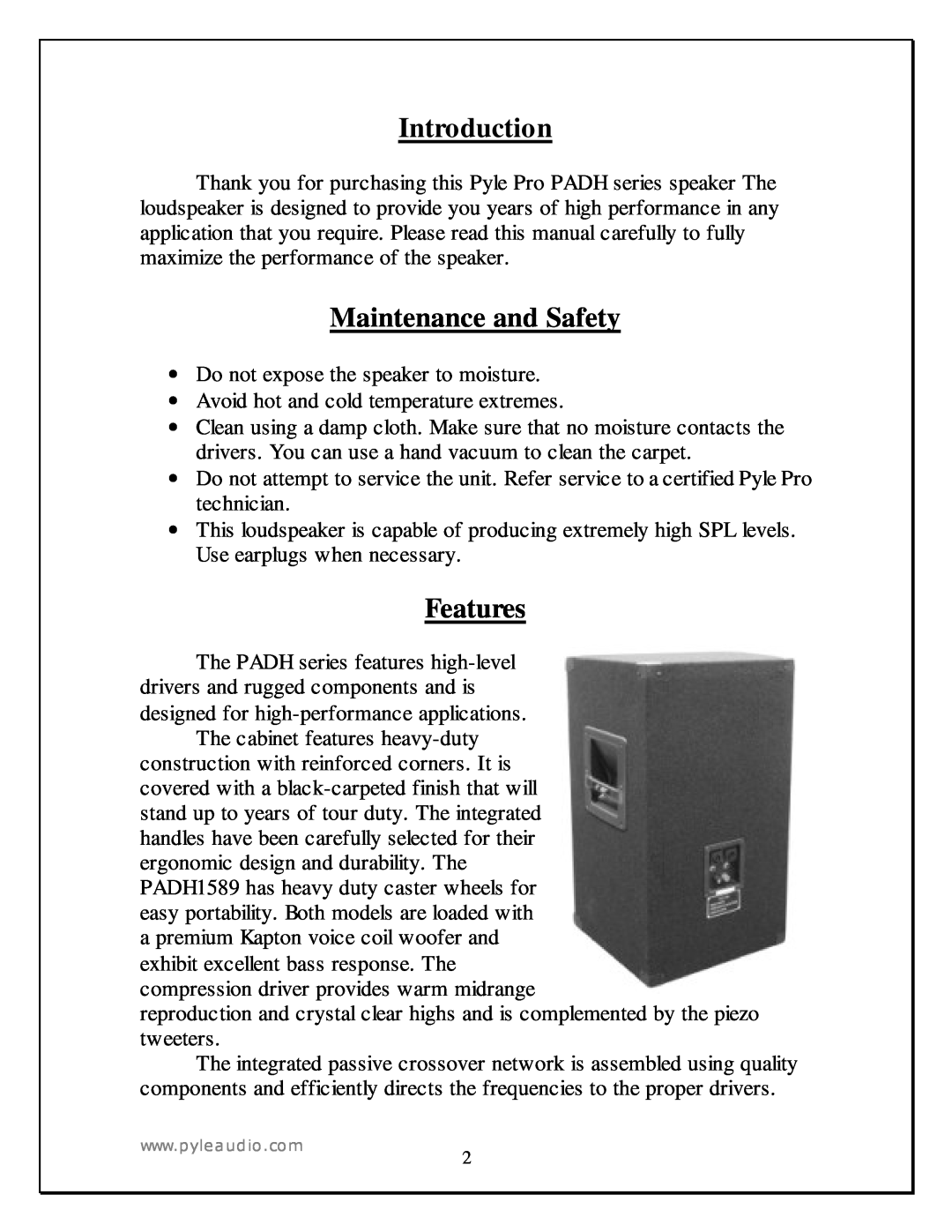 PYLE Audio PADH1589, PADH1289 manual Introduction, Maintenance and Safety, Features 