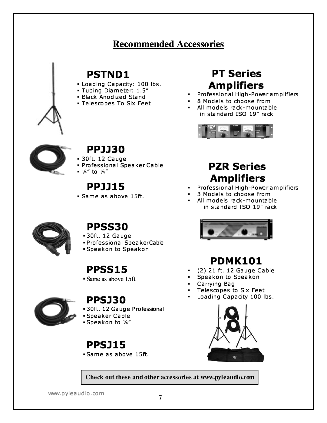 PYLE Audio PADH1289, PADH1589 manual Recommended Accessories, Same as above 15ft 