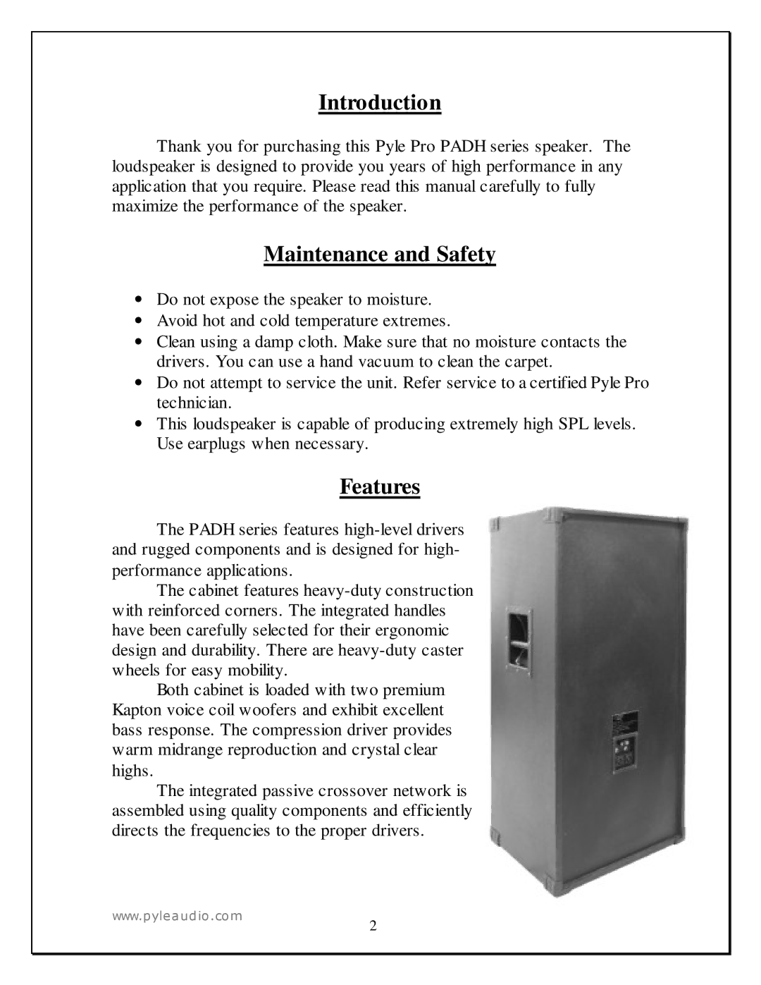 PYLE Audio PADH21580 manual Introduction, Maintenance and Safety, Features 