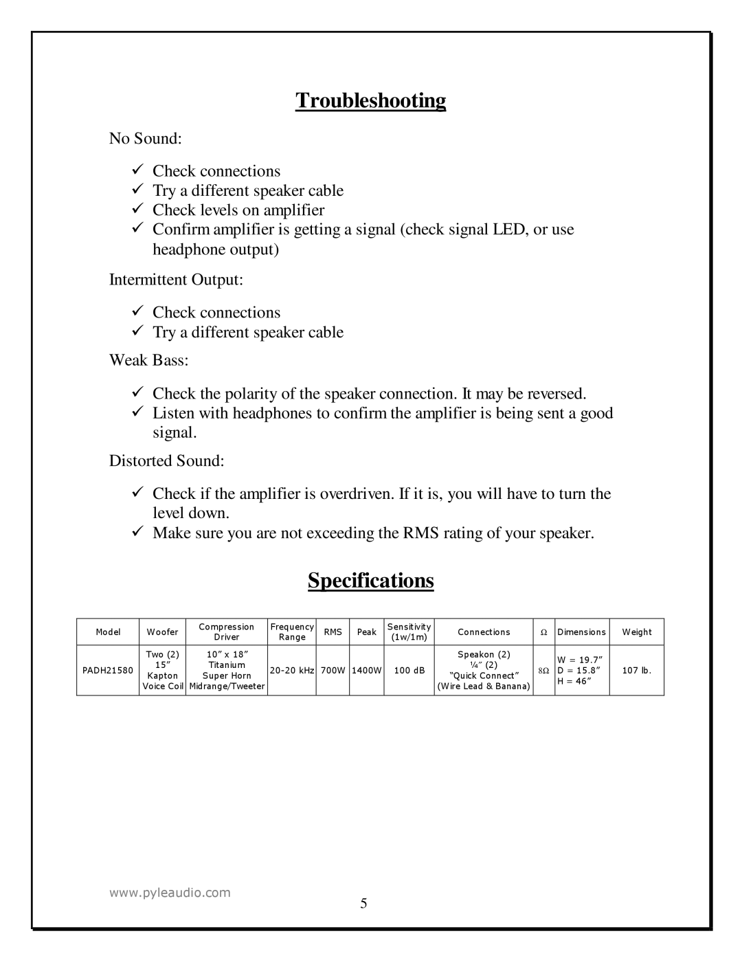 PYLE Audio PADH21580 manual Troubleshooting, Specifications 