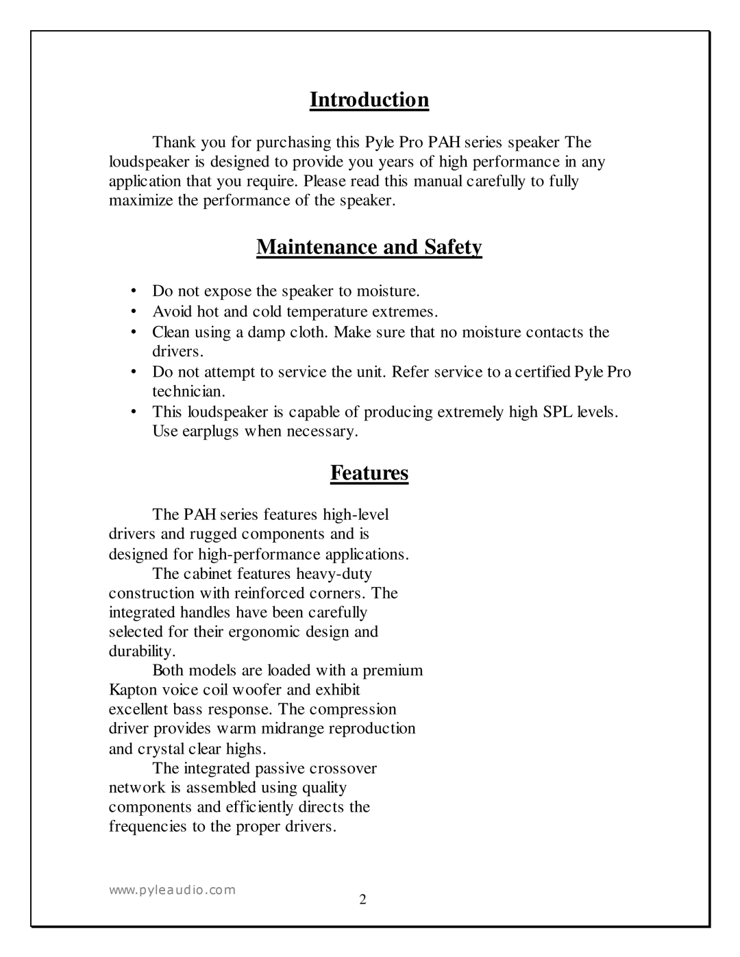 PYLE Audio PAH1580, PAH1280 manual Introduction, Maintenance and Safety, Features 