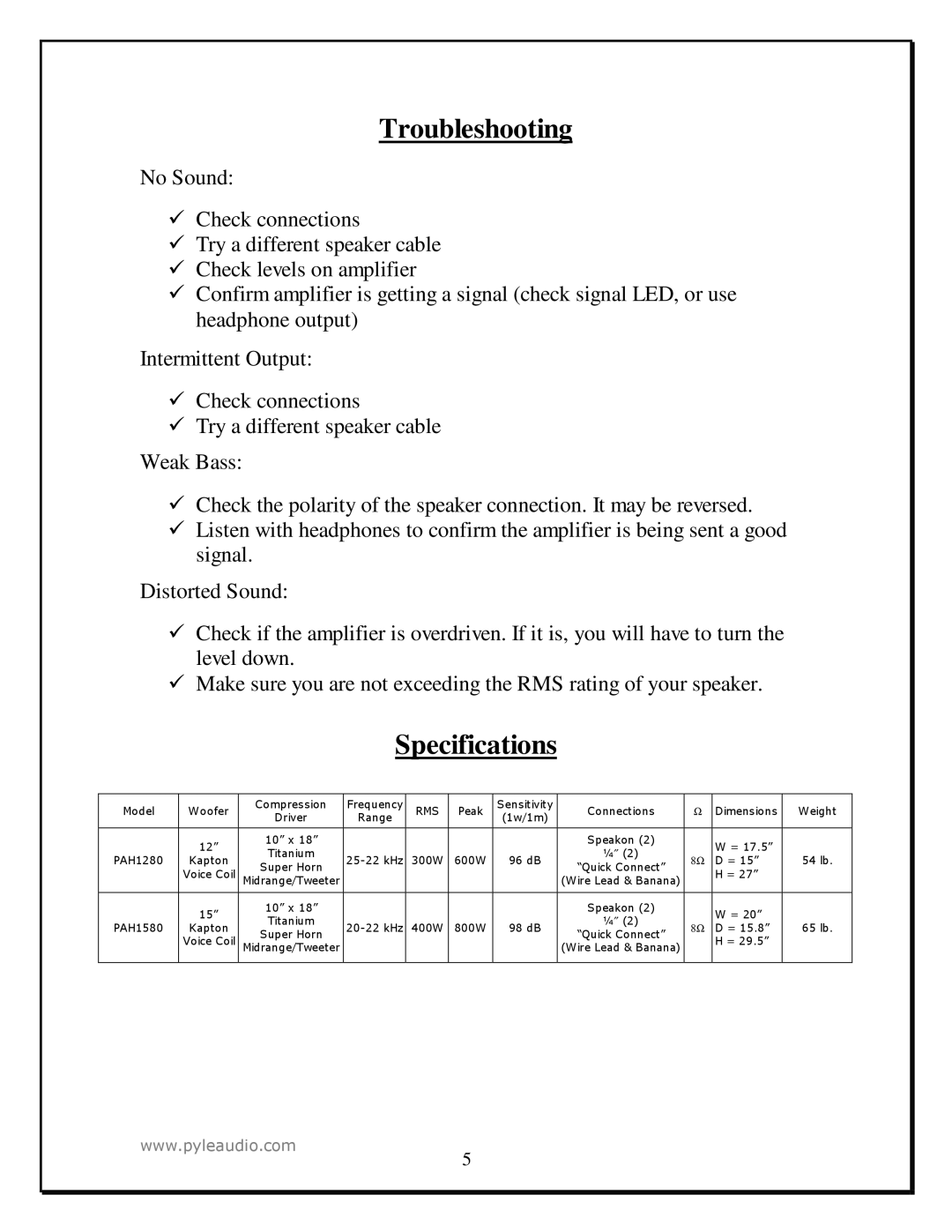 PYLE Audio PAH1280, PAH1580 manual Troubleshooting, Specifications 