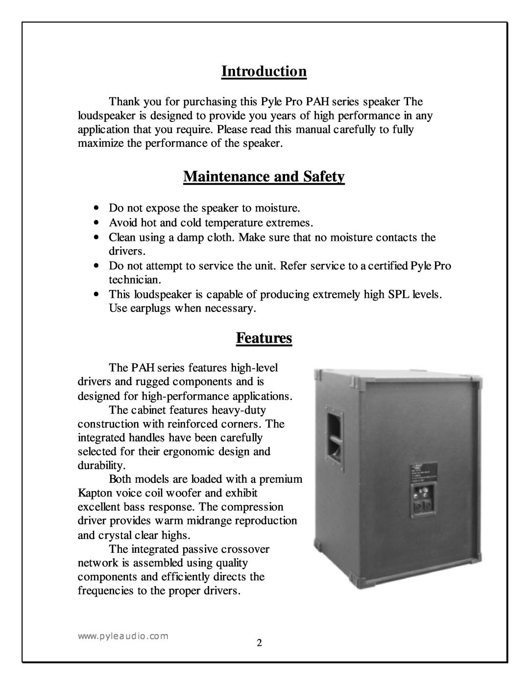 PYLE Audio PAH1580, PAH1280 manual Introduction, Maintenance and Safety, Features 
