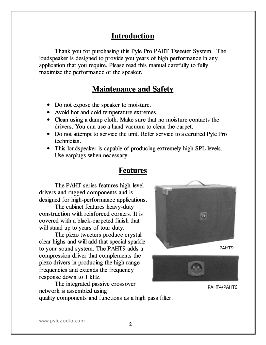 PYLE Audio PAHT4 manual Introduction, Maintenance and Safety, Features 