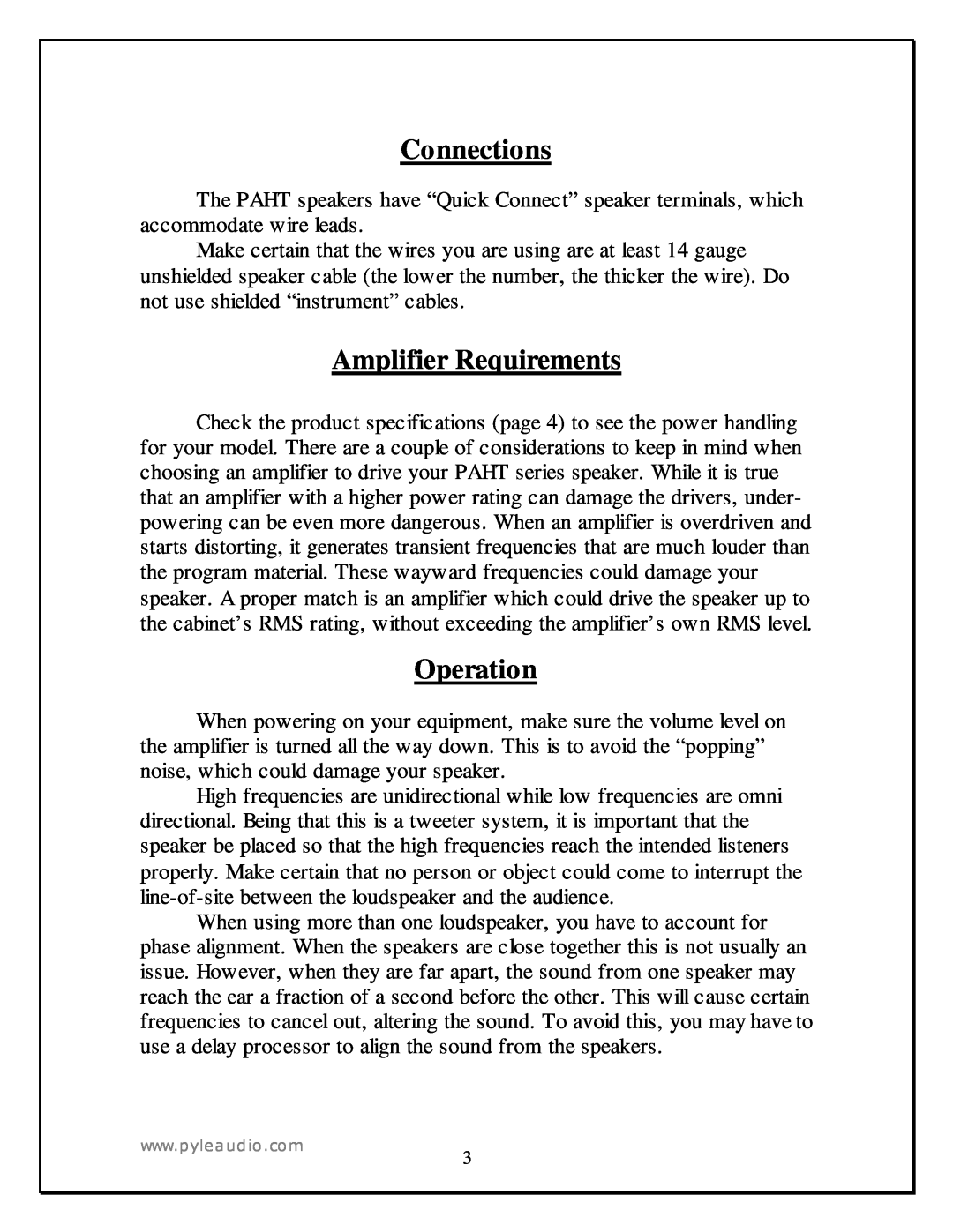 PYLE Audio PAHT4 manual Connections, Amplifier Requirements, Operation 