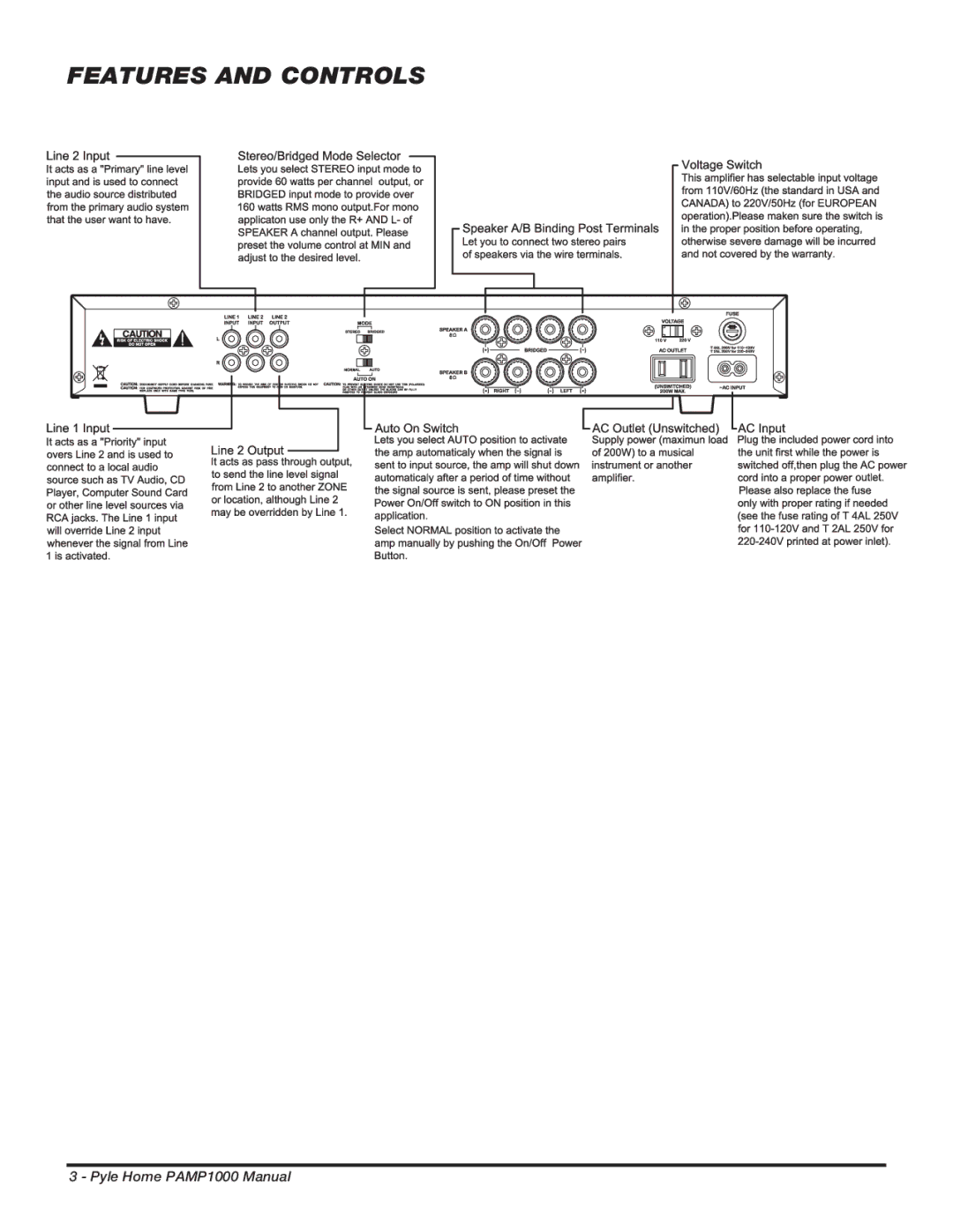 PYLE Audio PAMP1000 manual Features and Controls 