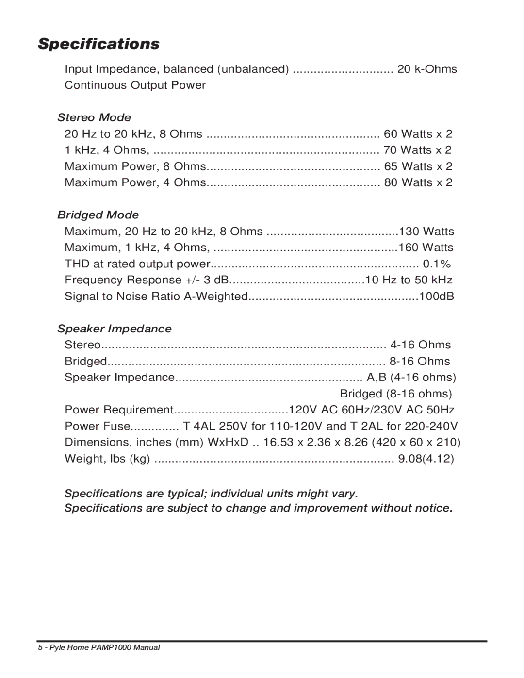 PYLE Audio PAMP1000 manual Specifications 