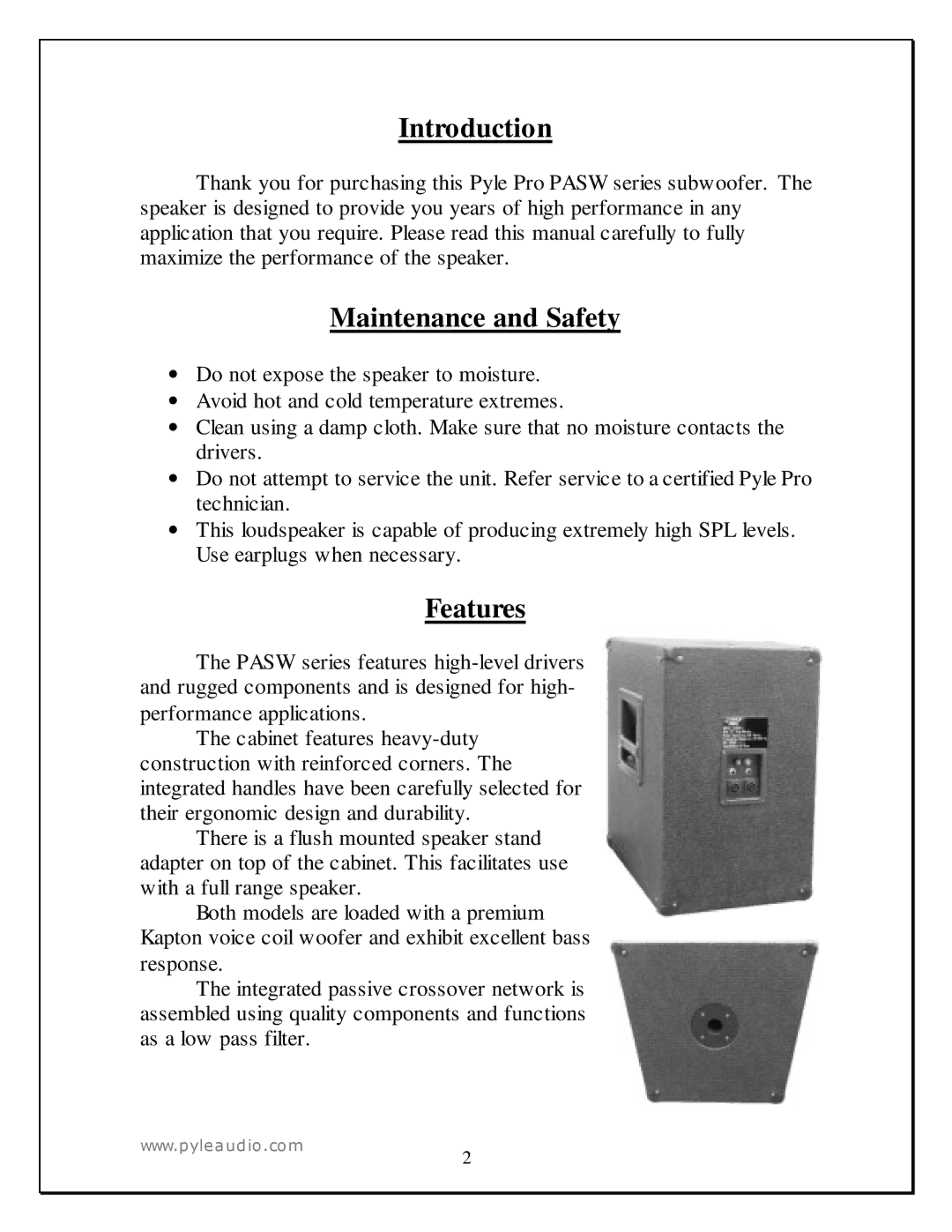 PYLE Audio PASW 18, PASW 15 manual Introduction, Maintenance and Safety, Features 