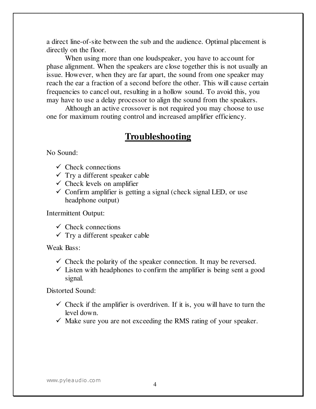 PYLE Audio PASW 18, PASW 15 manual Troubleshooting 