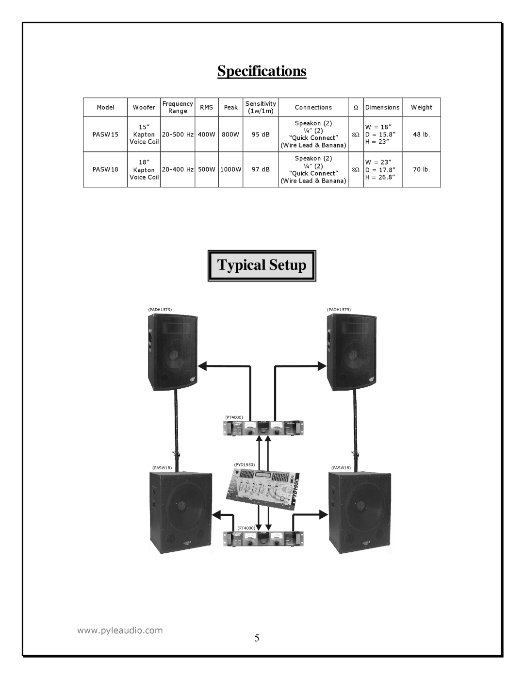 PYLE Audio PASW 15, PASW 18 manual Specifications, Typical Setup 