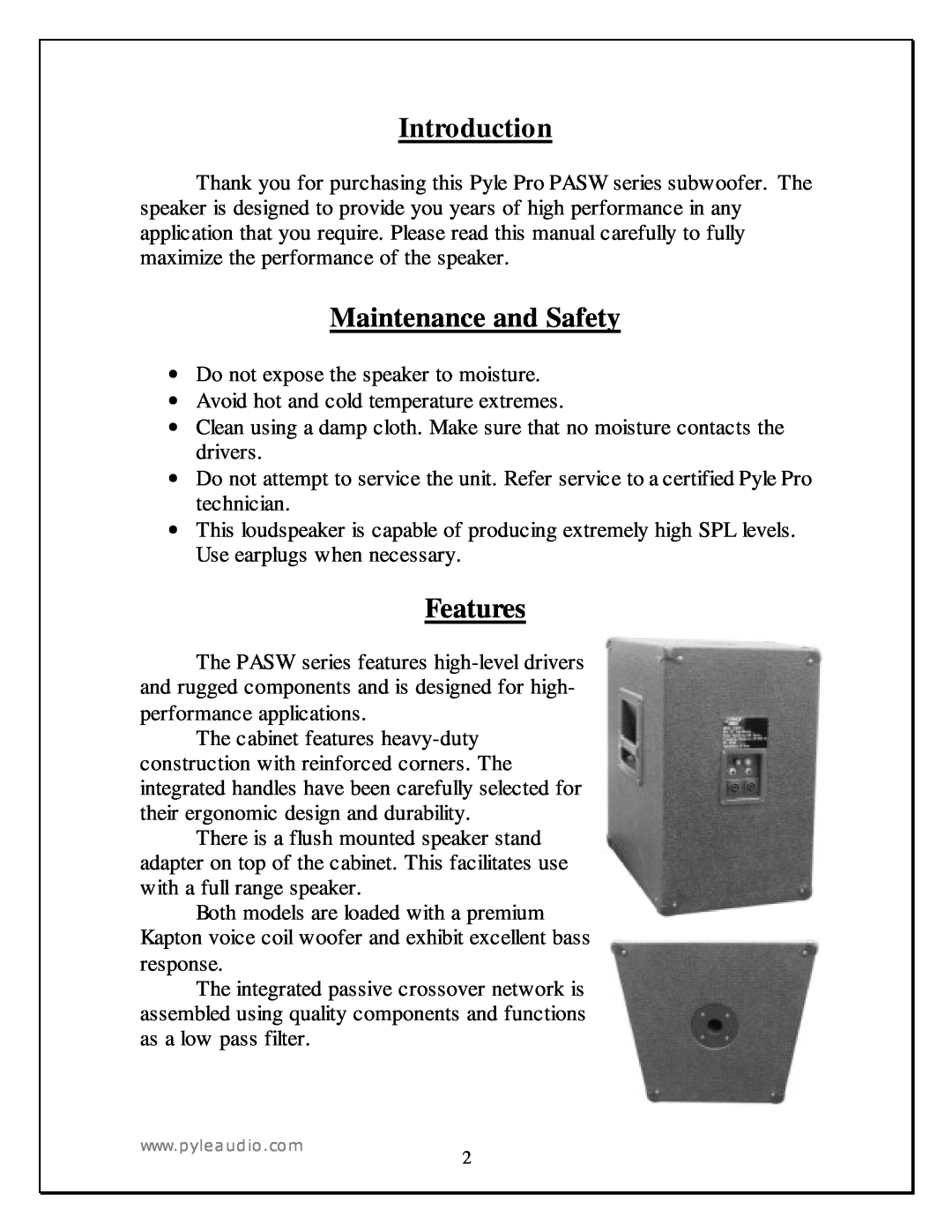 PYLE Audio PASW 18, PASW 15 manual Introduction, Maintenance and Safety, Features 