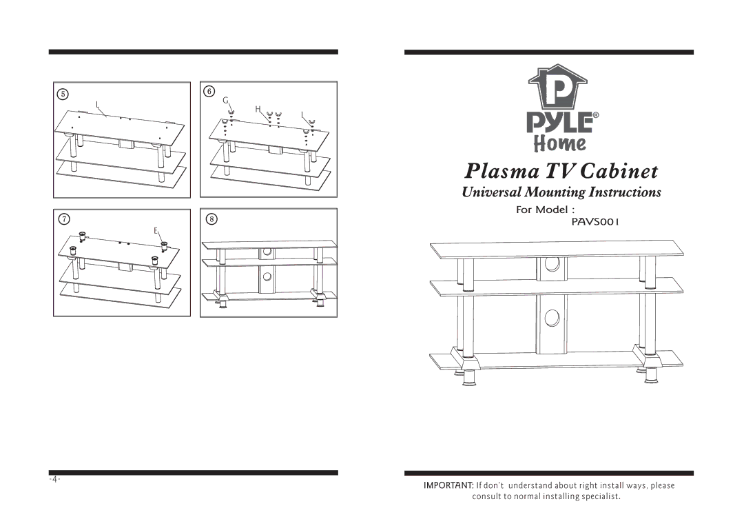 PYLE Audio PAVS001 manual Plasma TV Cabinet, Universal Mounting Instructions 