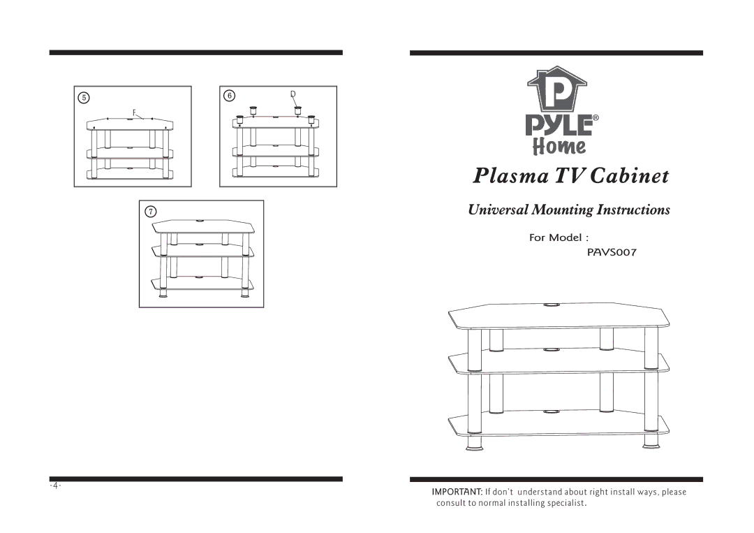 PYLE Audio PAVS007 manual Plasma TV Cabinet, Universal Mounting Instructions 