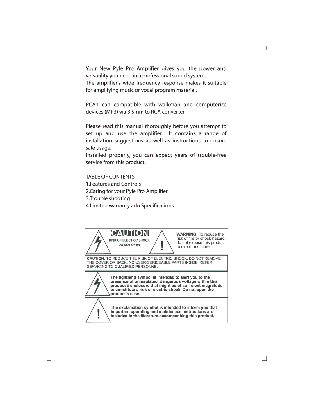 PYLE Audio PCA1 manual 