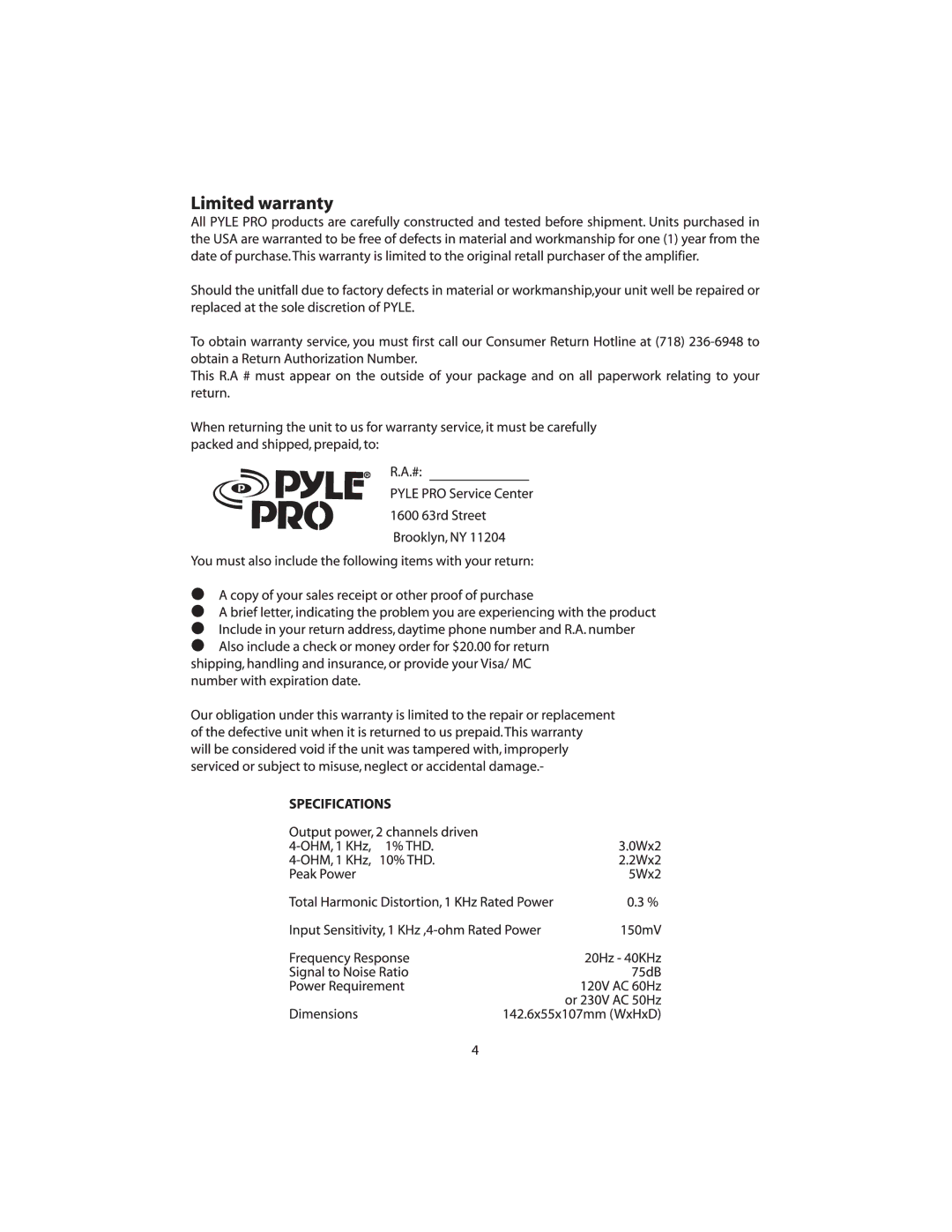 PYLE Audio PCA1 manual 