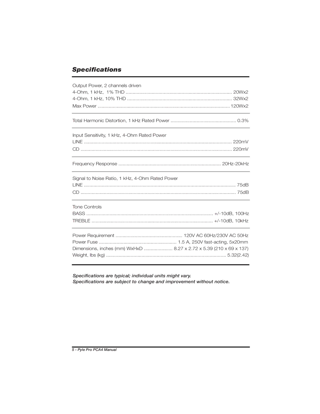 PYLE Audio PCA4 manual Specifications 