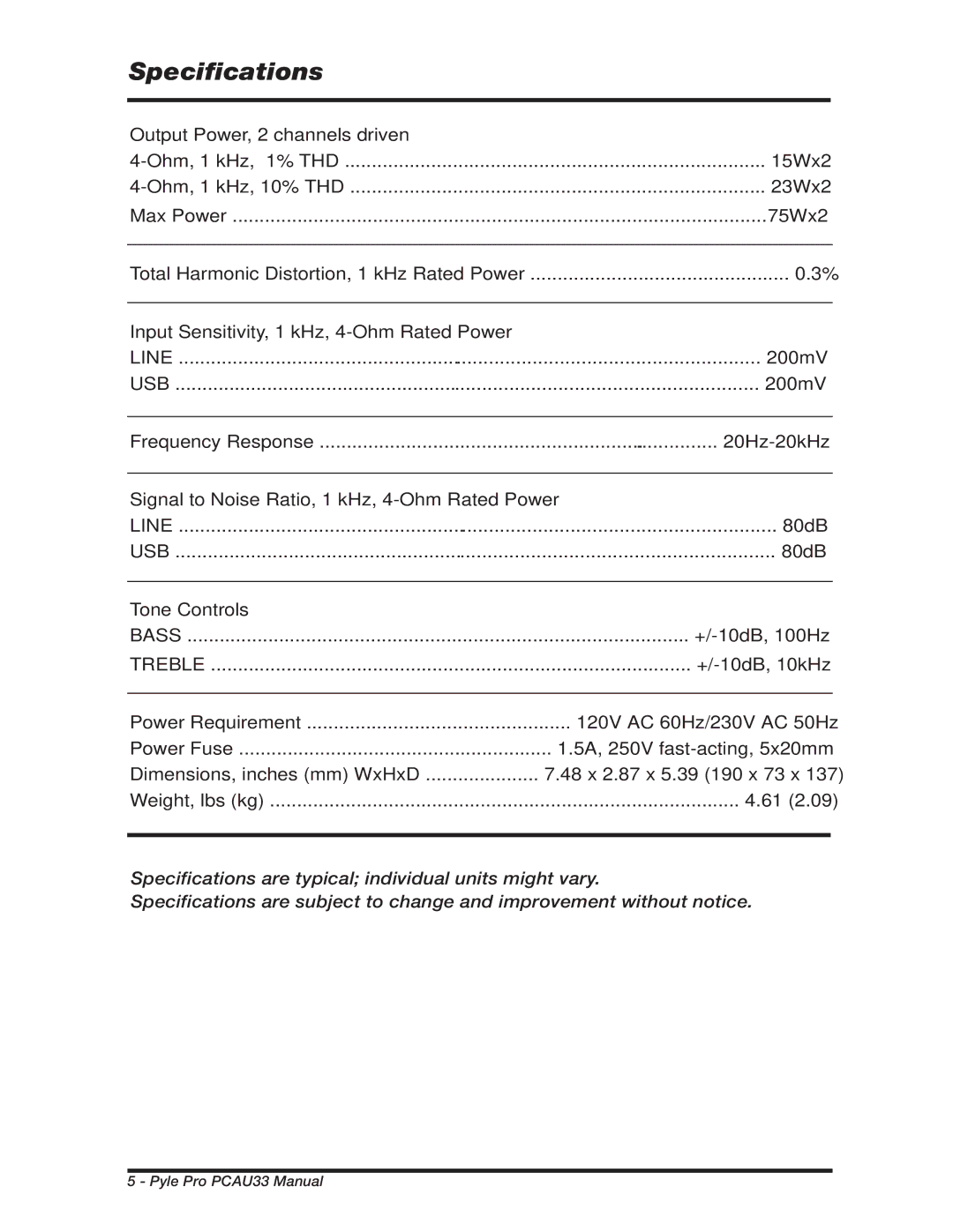 PYLE Audio PCAU33 manual Specifications 