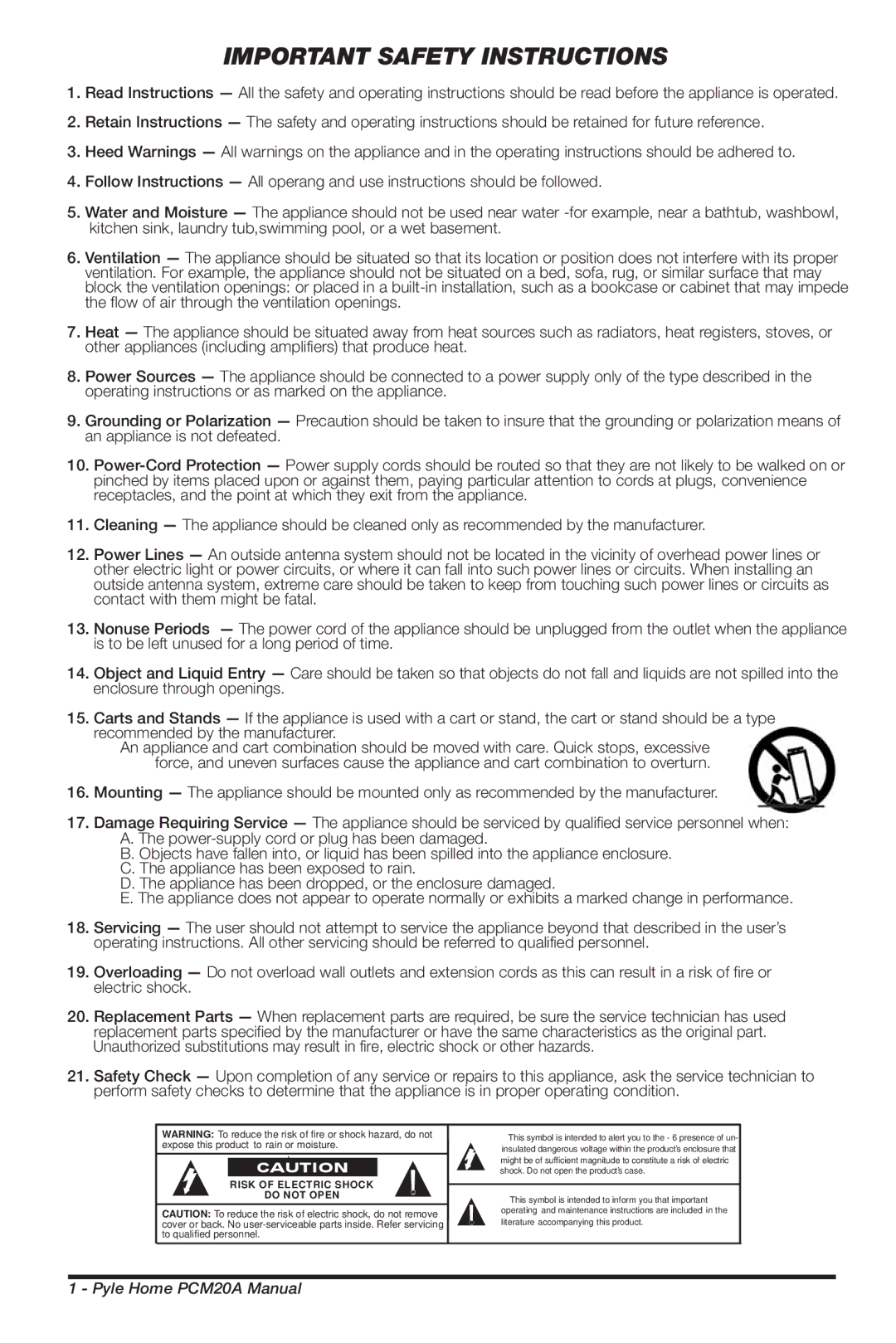 PYLE Audio PCM20A manual Important Safety Instructions, Risk of Electric Shock Do not Open 