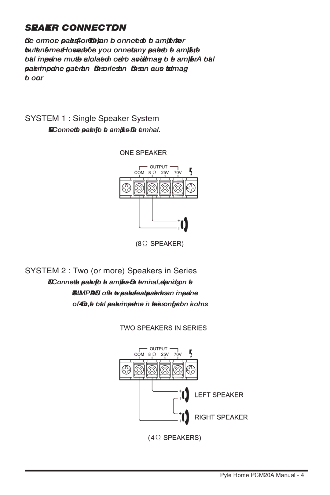 PYLE Audio PCM20A manual Speaker Connection 