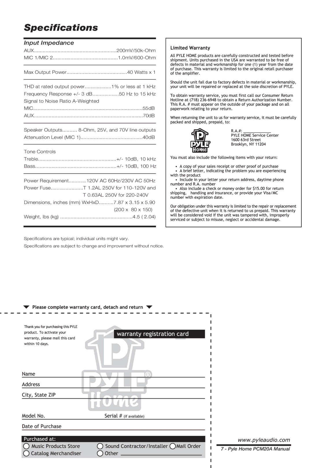 PYLE Audio PCM20A manual Specifications 