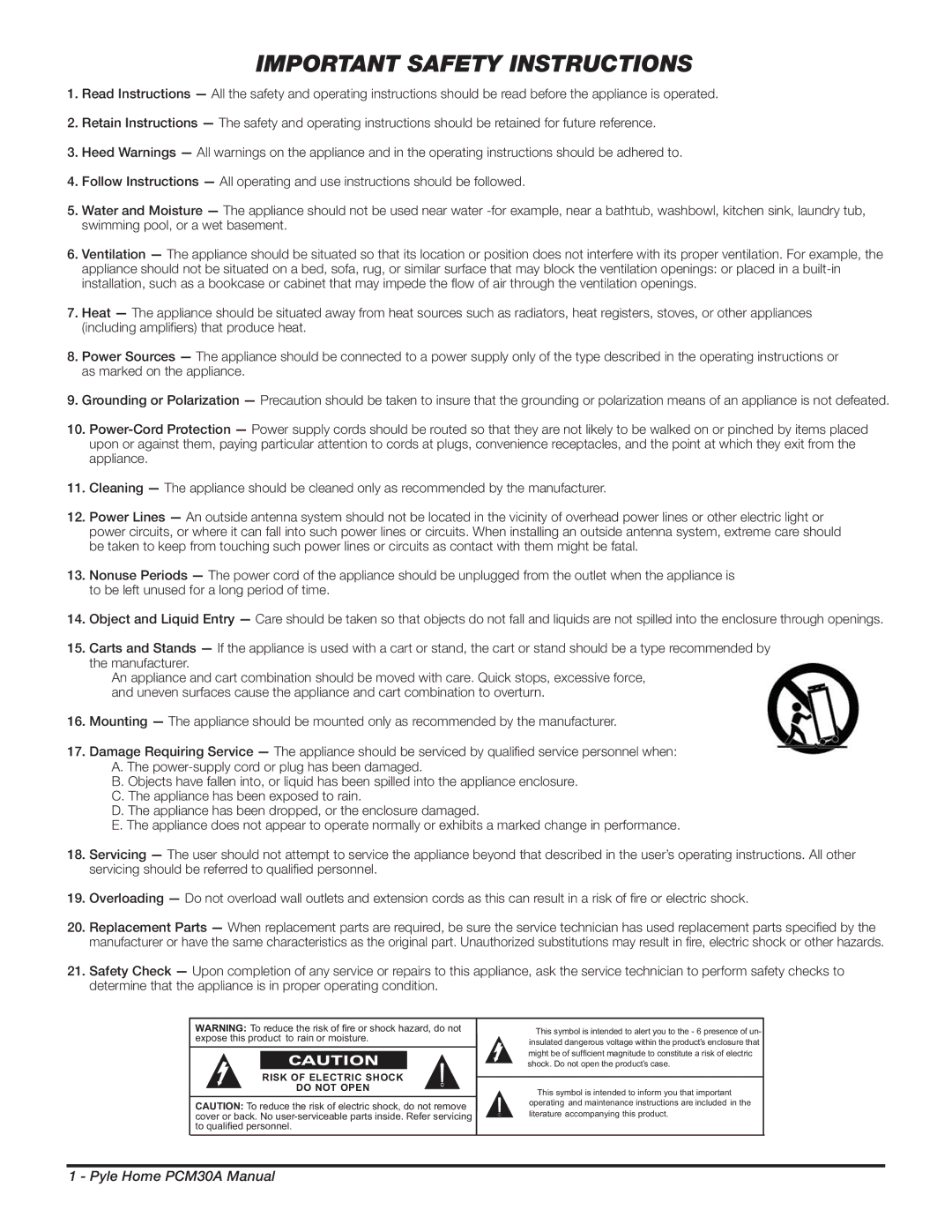 PYLE Audio PCM30A manual Important Safety Instructions 