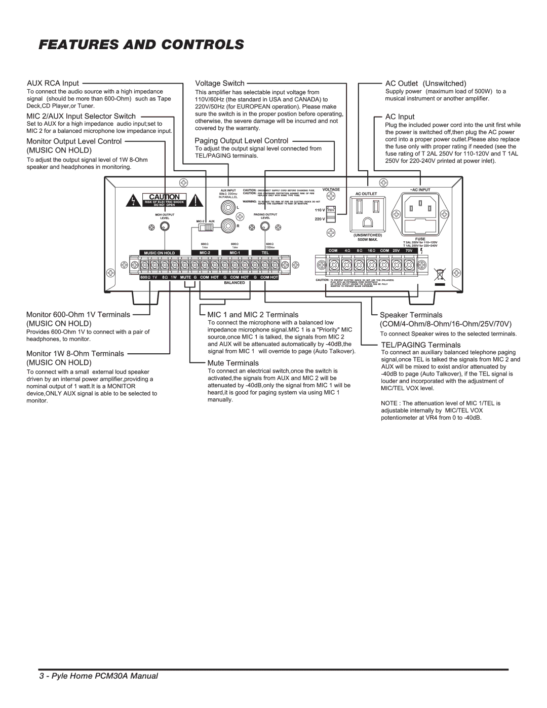 PYLE Audio PCM30A manual Features and Controls 