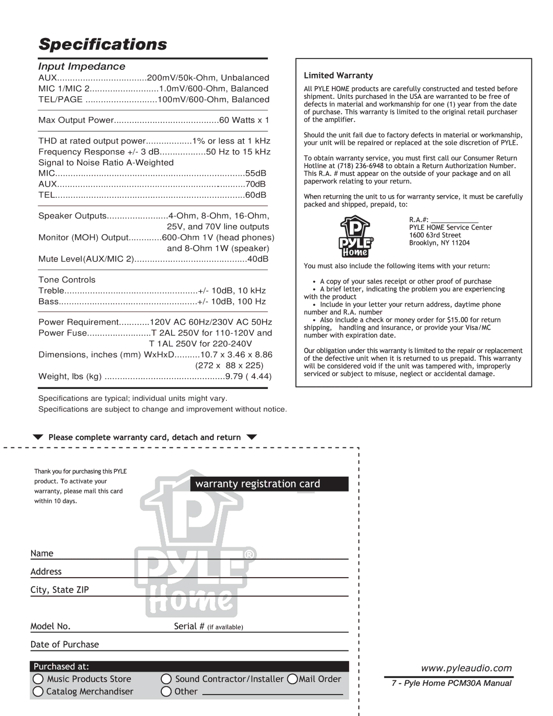 PYLE Audio PCM30A manual Specifications 