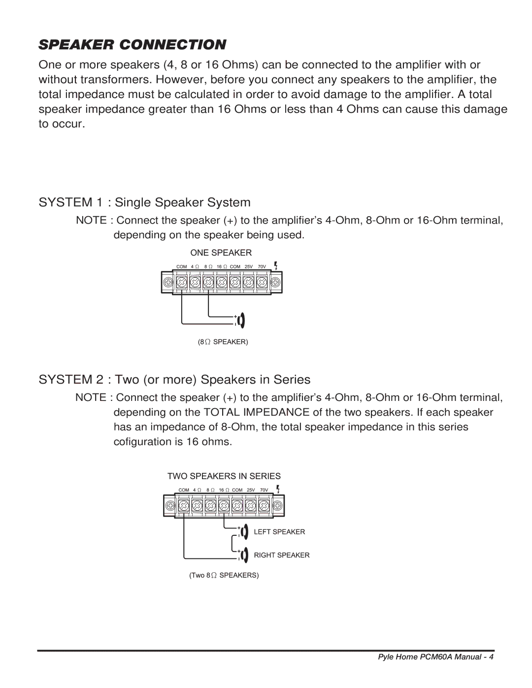 PYLE Audio PCM60A manual Speaker Connection 