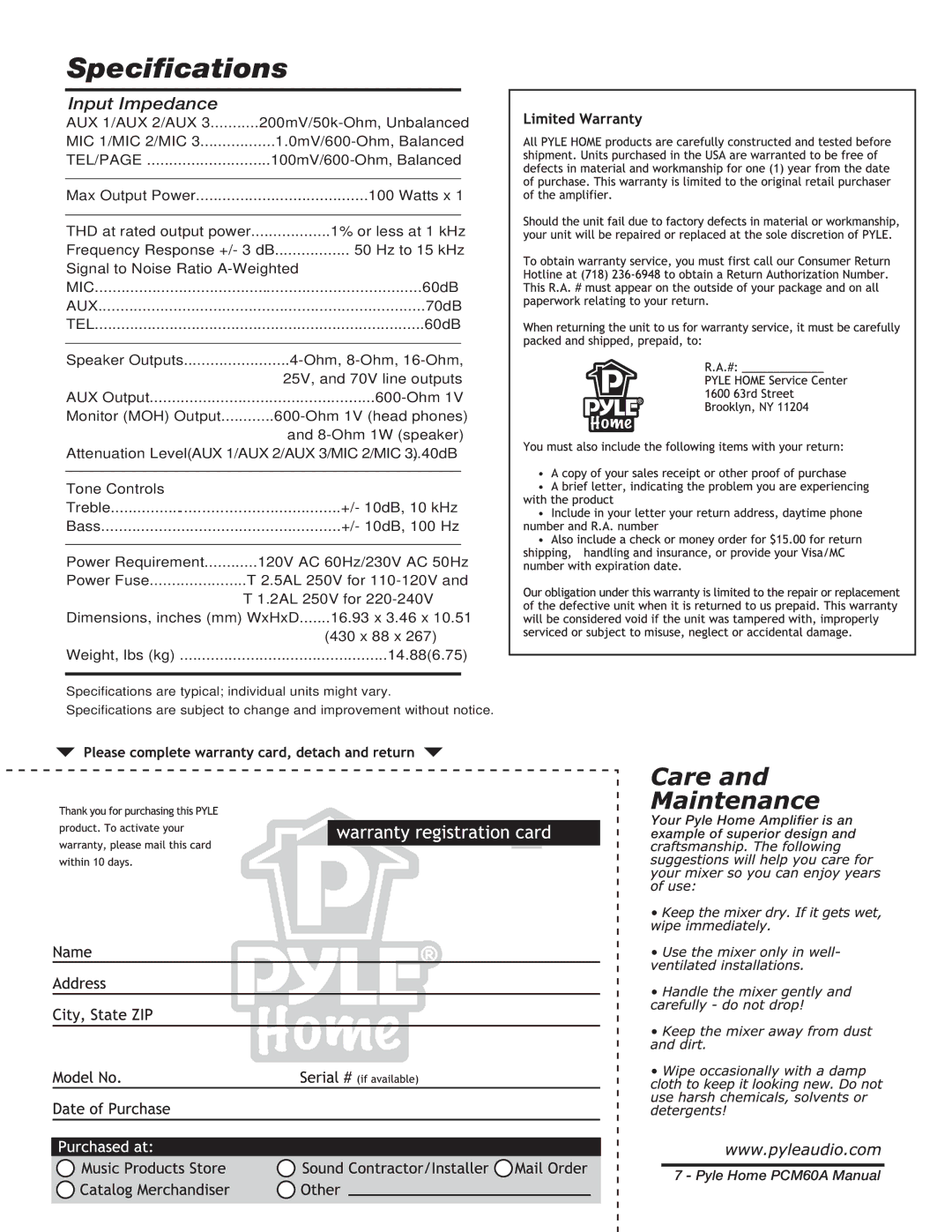 PYLE Audio PCM60A manual Specifications 