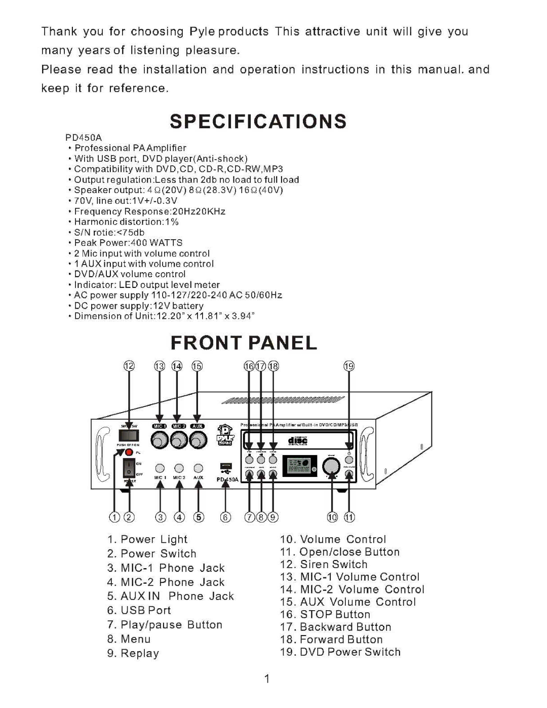 PYLE Audio PD450A owner manual 