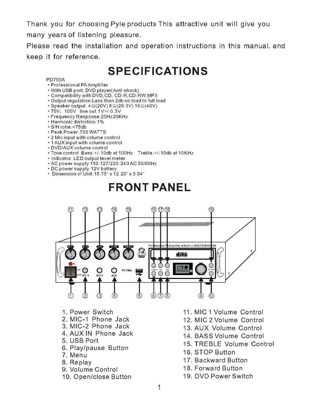 PYLE Audio PD750A owner manual 